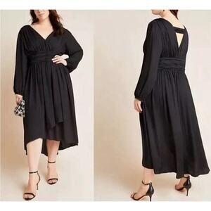 Anthropologie Gwendolyn Deep V-Neck Long Puff Sleeve Black Midi Dress Sz 2 NWOT